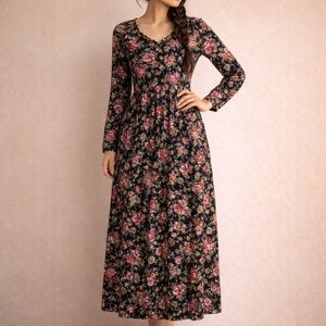 Vintage 90's Floral Long Sleeve Maxi Dress Black Pink Romantic Size Medium